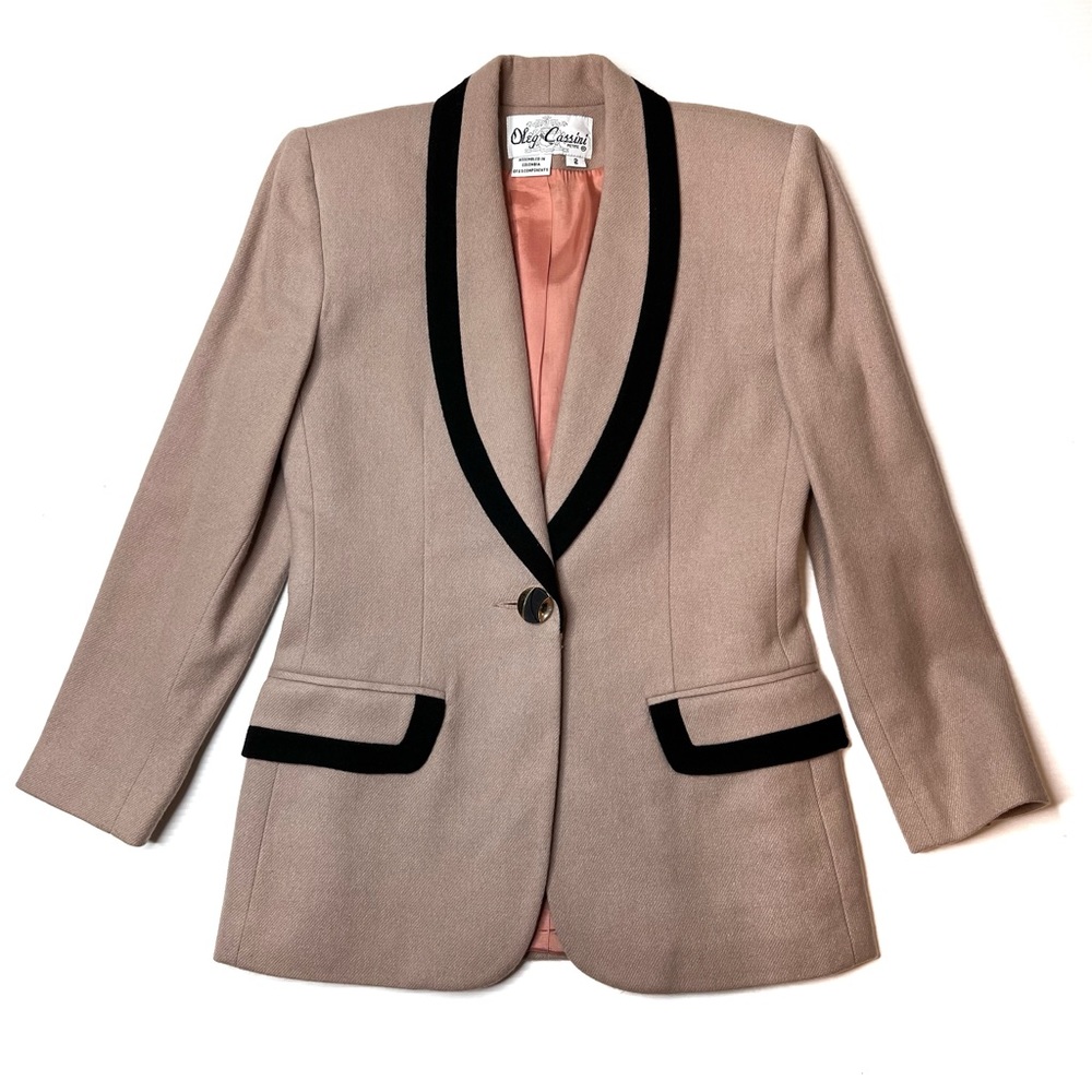 Vintage Oleg Cassini Neutral Beige Black 100% Wool Blazer Size 2